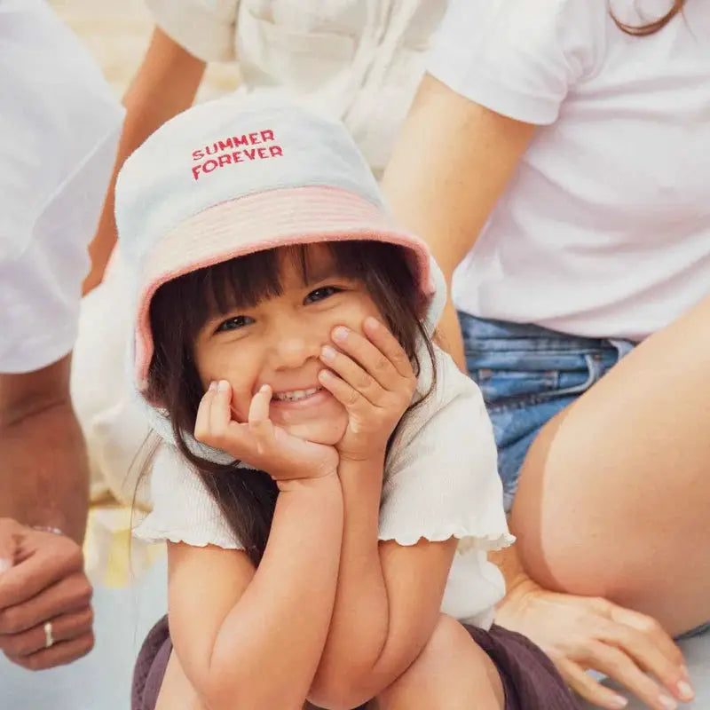 CHAMAYE kids hat with SUMMER FOREVER embroidery, light blue with pink brim