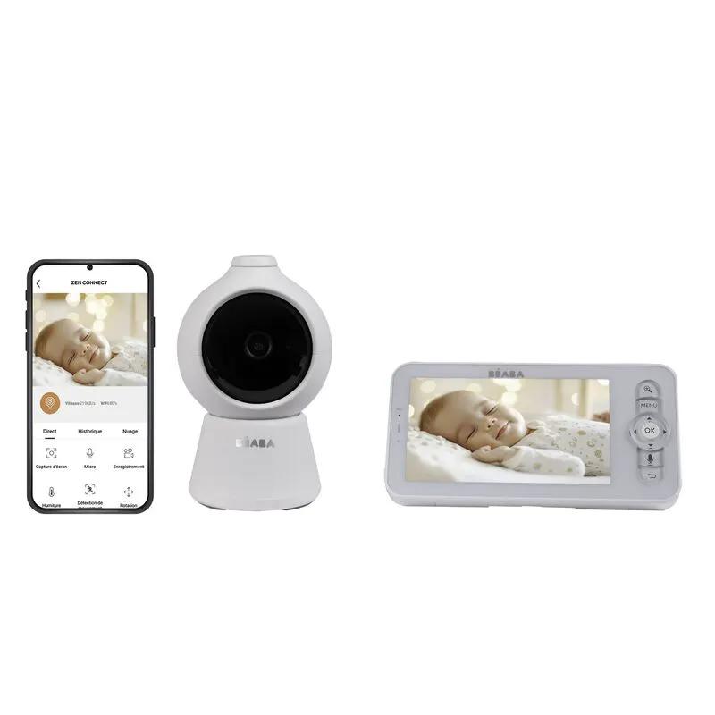 Écoute-bébés vidéo BÉABA zen smart AI blanc, ensemble de 3 pièces (caméra sphérique, moniteur et smartphone).