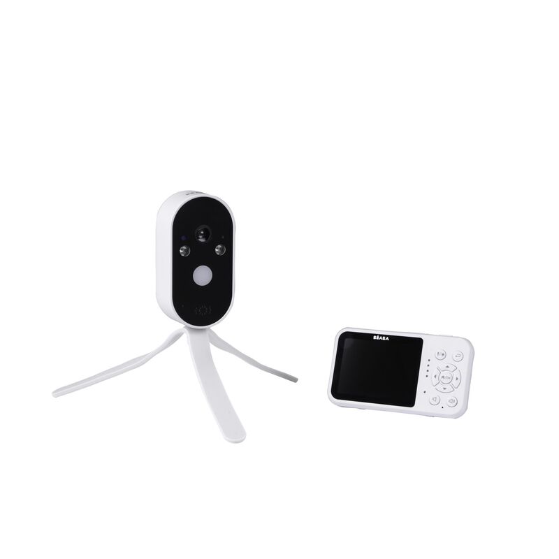 BEABA Zen Travel video baby monitor with white camera on tripod legs and handheld parent unit
