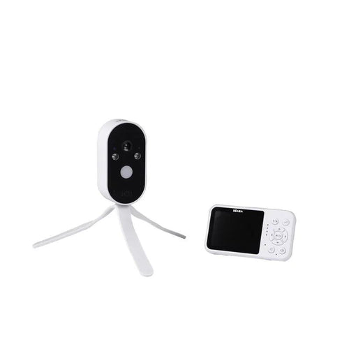 BEABA Zen Travel video baby monitor with white camera on tripod legs and handheld parent unit