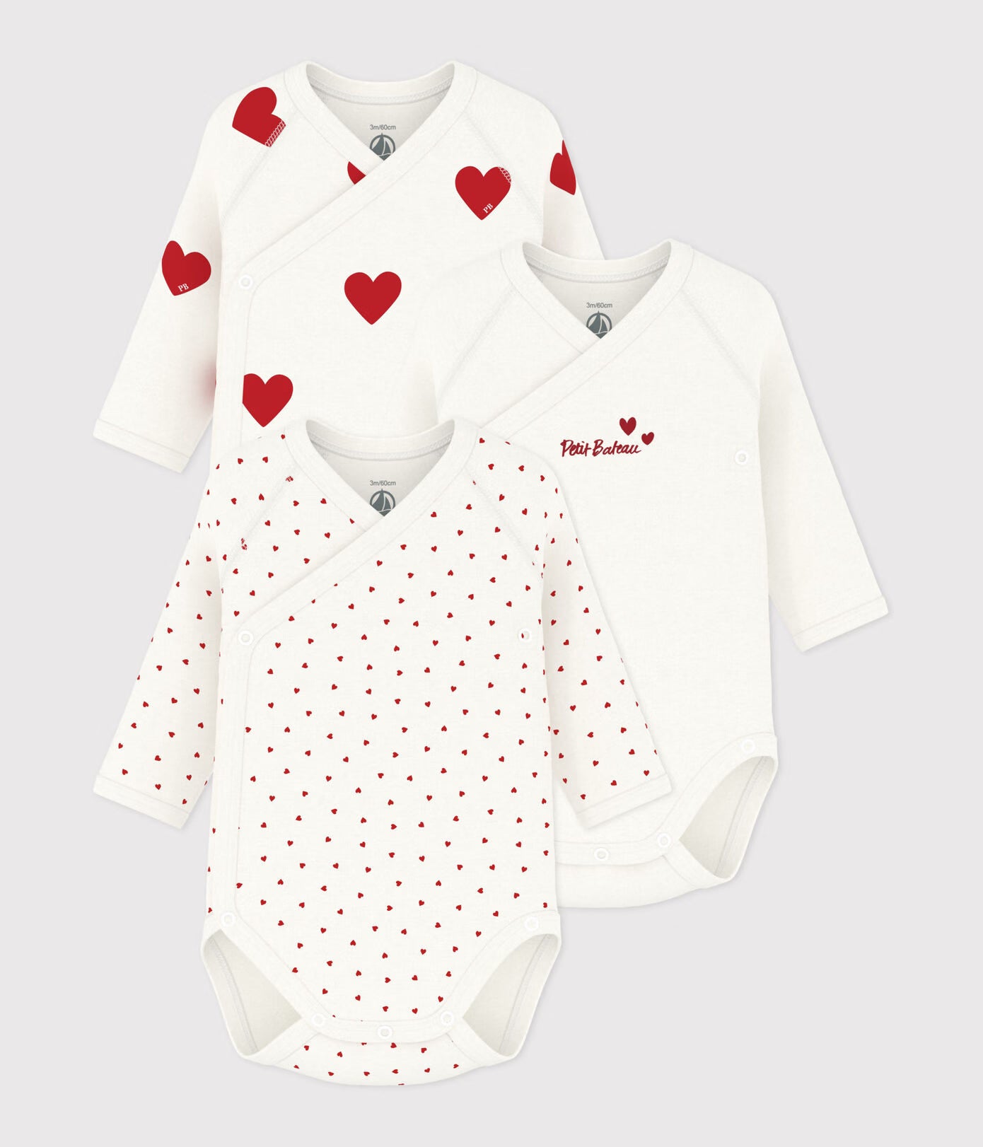 PETIT BATEAU lot de bodies en coton / coeur
