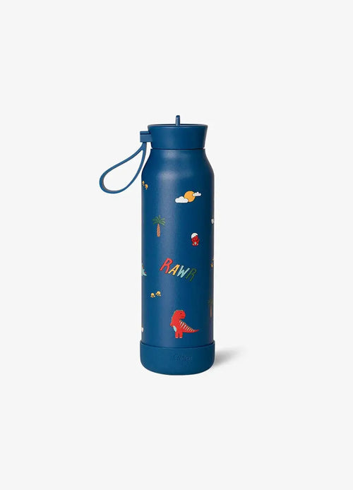 Water bottle 500 ml blue Citron Grenadine with dinosaur artwork and strap