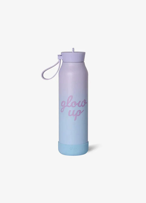 Citron gourde 500 ml water bottle in purple-to-blue gradient with pink glow up text and matching lid and strap
