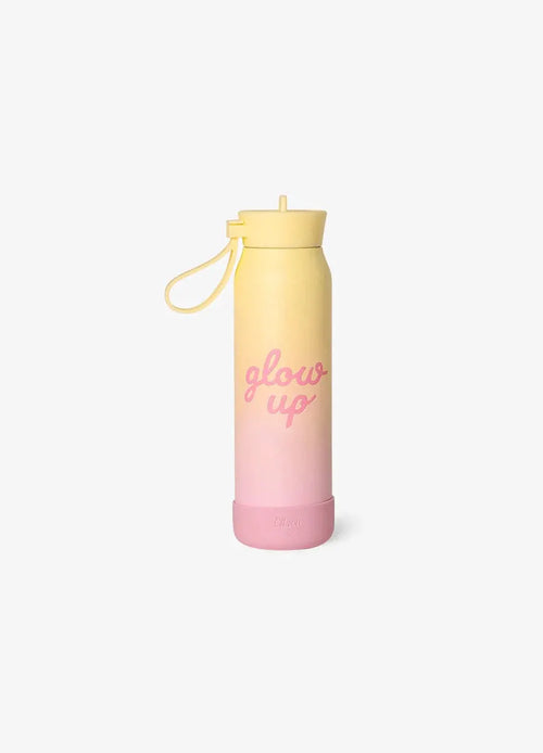 Citron Grenadine gourde 350 ml water bottle in yellow-pink gradient with pink base and glow up text