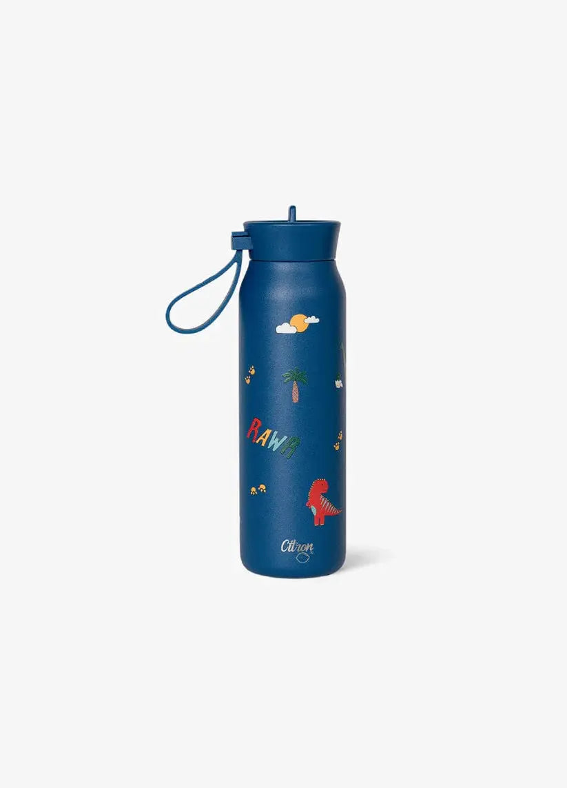 Citron Grenadine water bottle 350 ml blue dinosaur design with strap