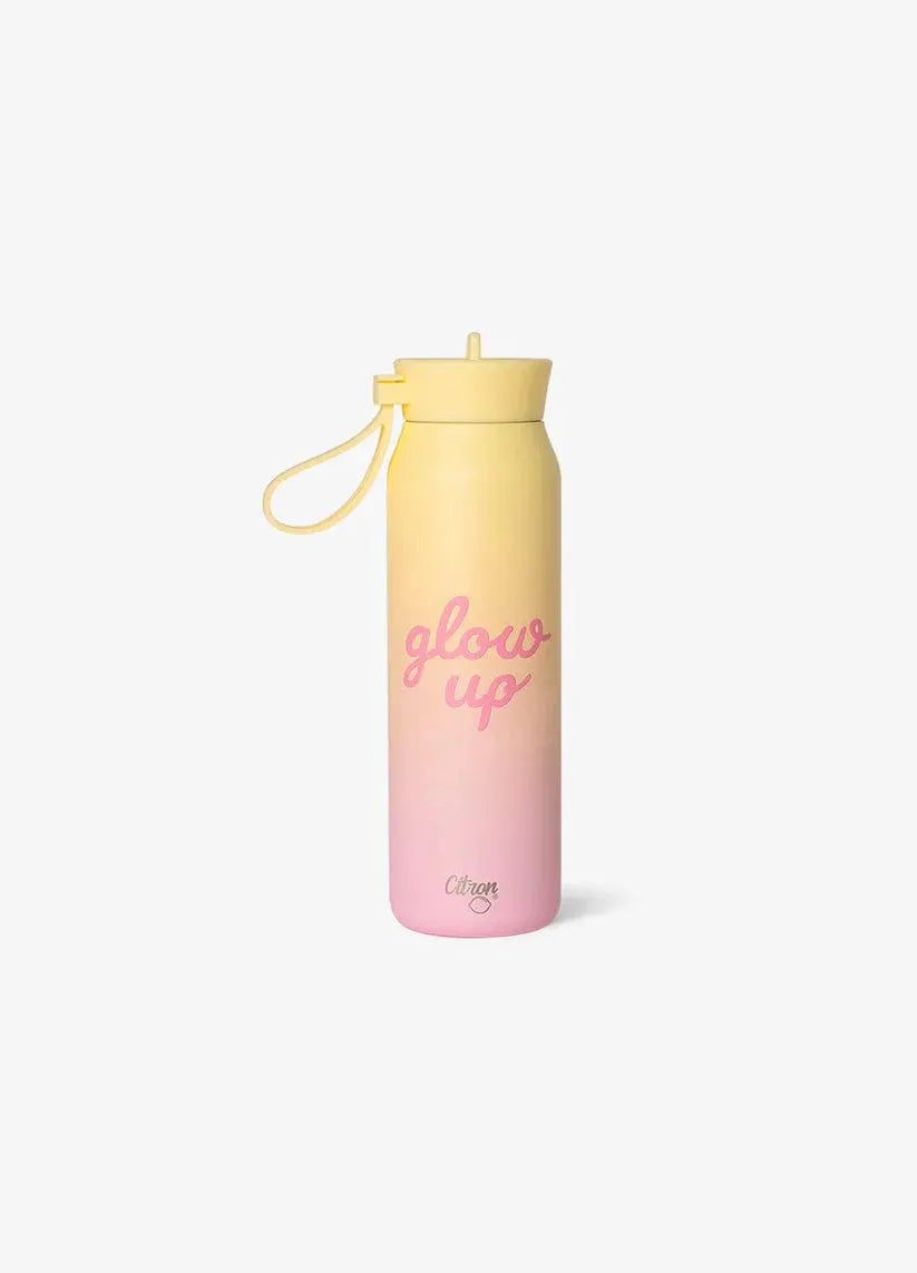 Water bottle Citron Grenadine 350 ml gradient pink to yellow with glow up text and wrist strap