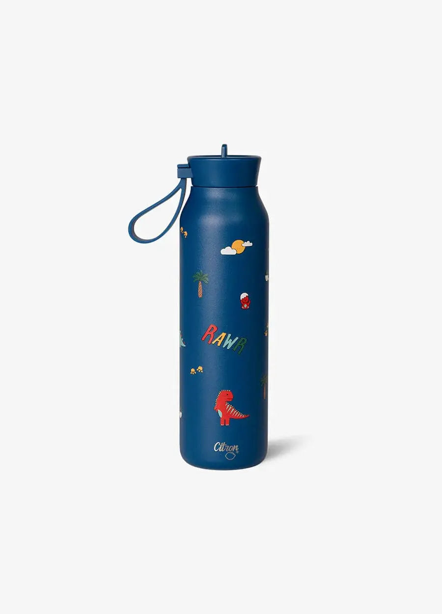 CITRON gourde 500 ml blue water bottle by Citron Grenadine with dinosaur print and strap