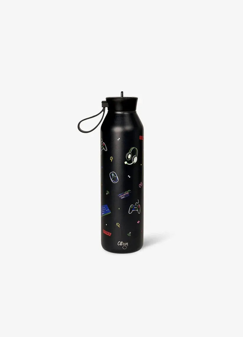 Citron water bottle 750 ml black with gaming-themed icons and strap