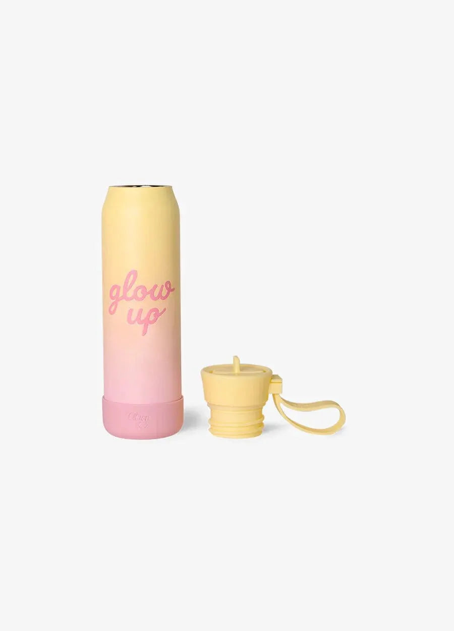 Citron gourde 350 ml water bottle with yellow-to-pink gradient, pink glow up text, and yellow cap with strap.