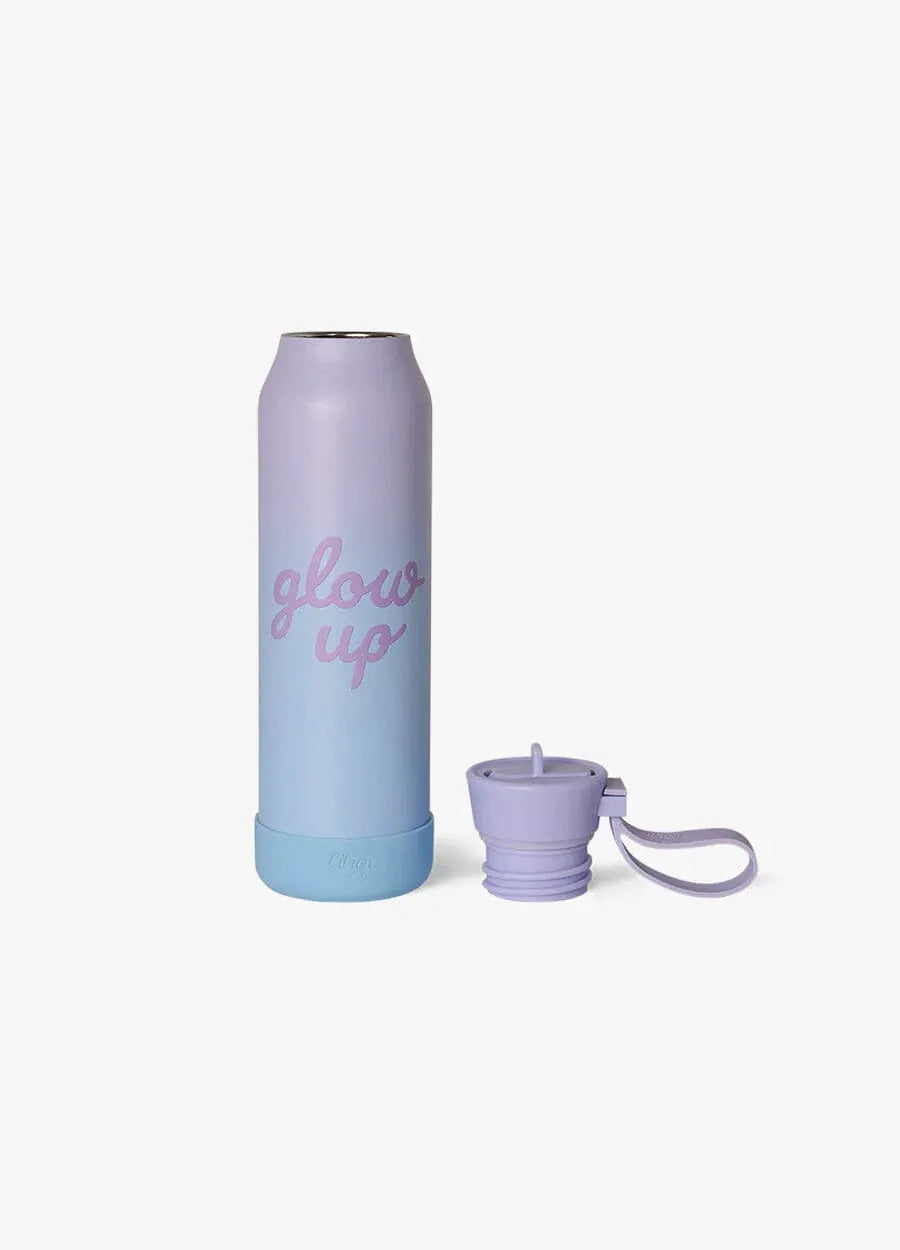 Citron Grenadine 500 ml water bottle with purple-to-blue gradient and pink glow up text; includes purple cap and strap
