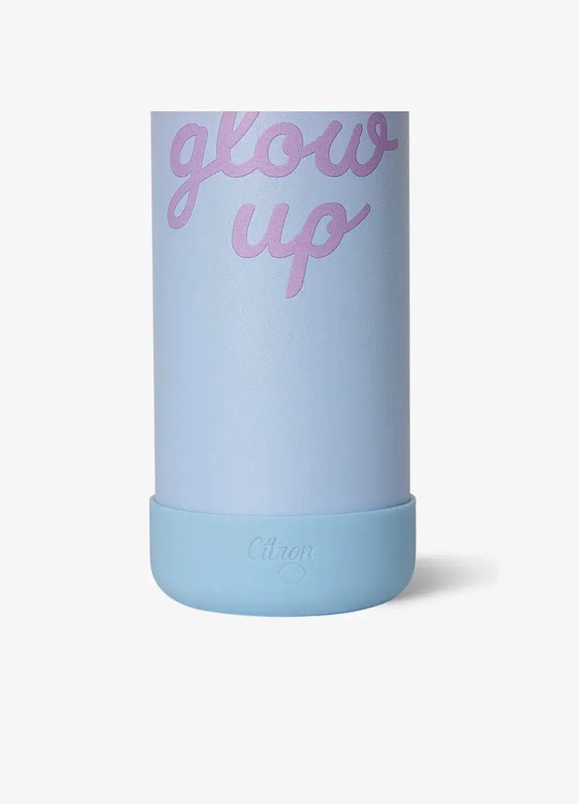 Citron gourde 500 ml water bottle in pastel blue with pink glow up lettering; Citron logo on the base.
