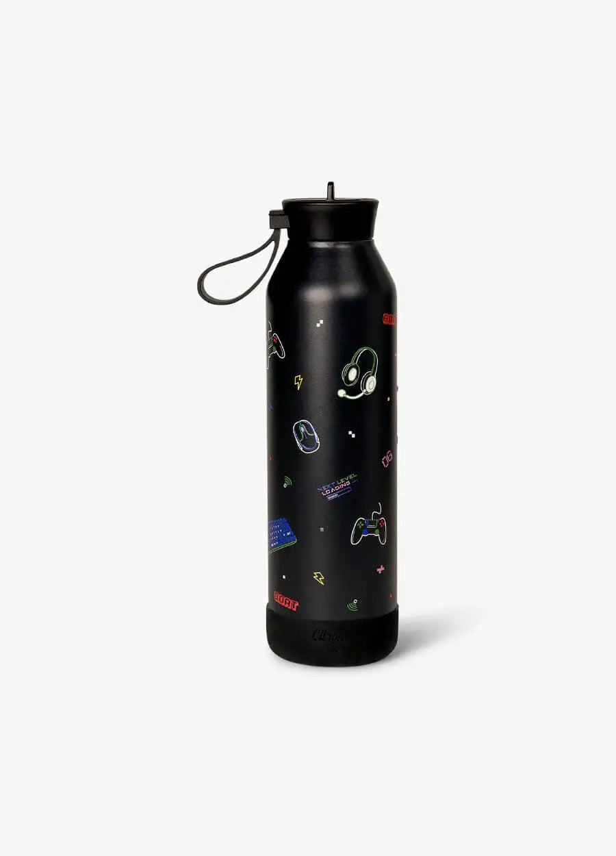 Citron Grenadine water bottle, 750 ml, black with neon gaming icons