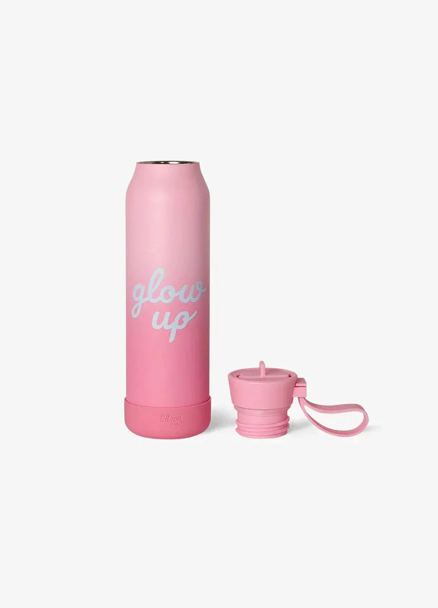 Citron Grenadine 500 ml pink water bottle with glow up text and pink cap with strap