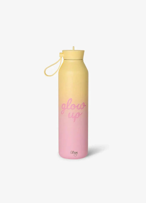 Citron Grenadine water bottle 750 ml gradient yellow-to-pink with glow up script and strap