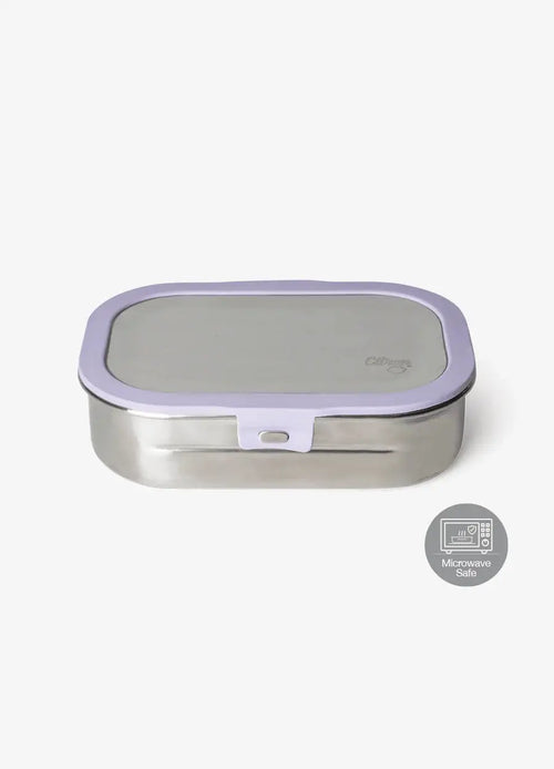 Citron Grenadine inox lunch box with purple rim; stainless steel body, microwave safe