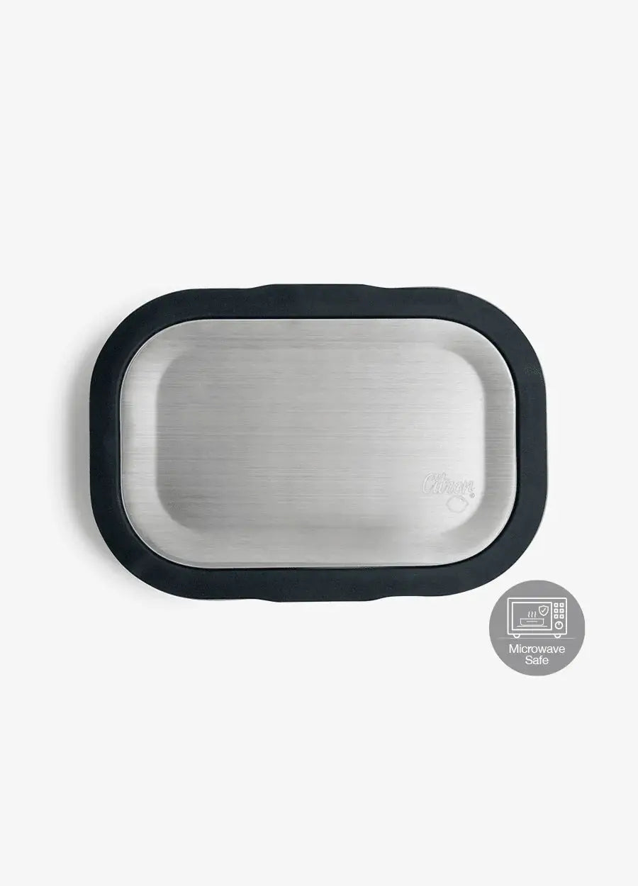 Citron Grenadine lunch box inox noir with brushed stainless steel body and black rim, microwave safe