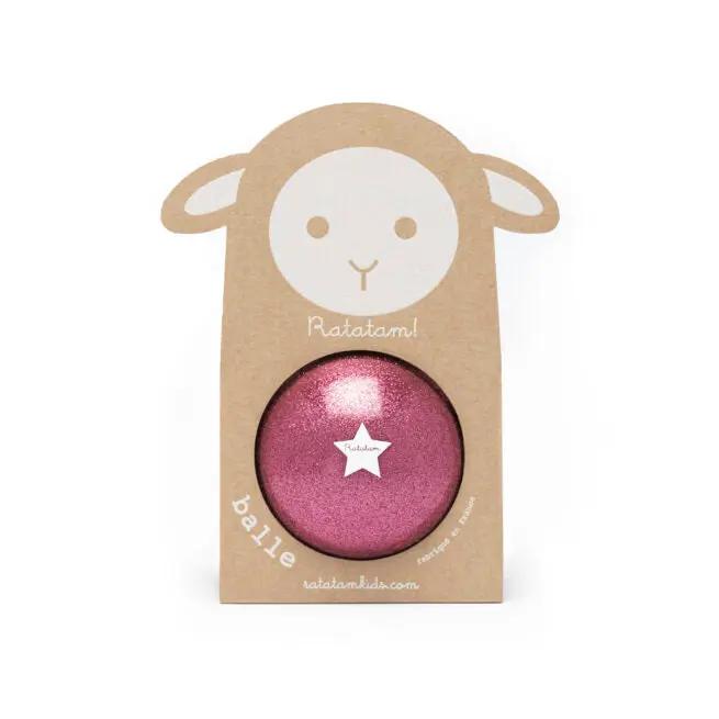 Ratatam ballon de plage pailleté rose mouton dans emballage carton en forme de mouton avec fenêtre