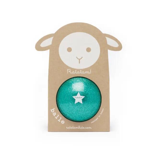 Ballon de plage Ratatam vert pailleté, mouton design avec logo Ratatam.