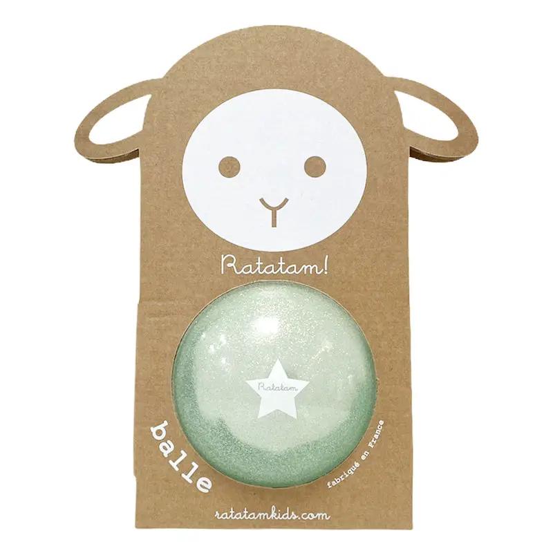 Ratatam ballon pailleté mouton bleu dans emballage en carton avec balle scintillante vert menthe