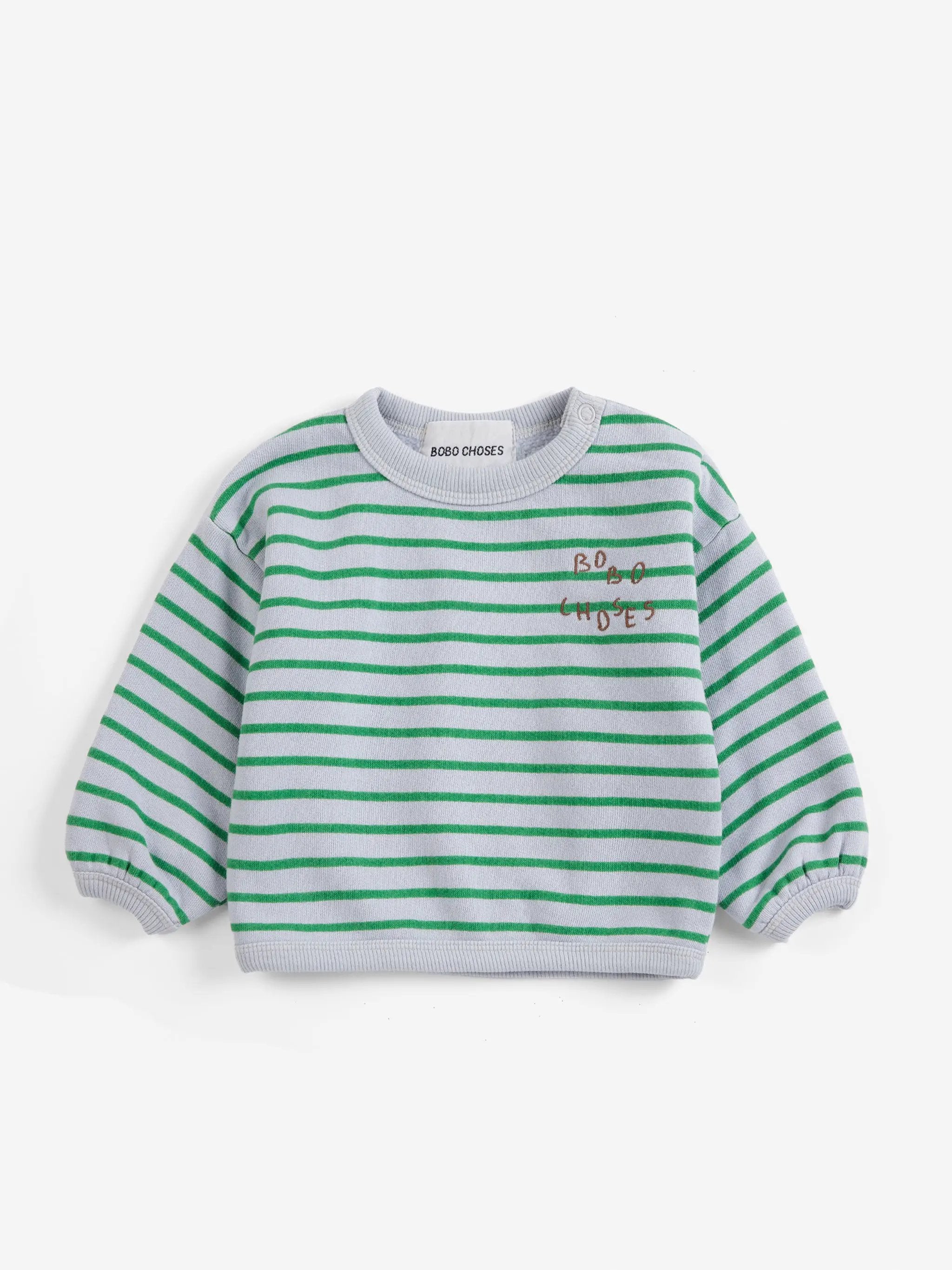 BOBO CHOSES striped sweatshirt for kids, grey knit with green horizontal stripes, ribbed crew neck and cuffs