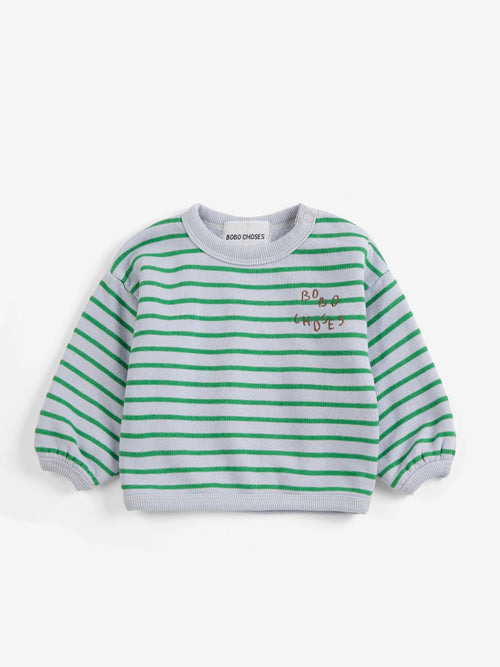 BOBO CHOSES striped sweatshirt for kids, grey knit with green horizontal stripes, ribbed crew neck and cuffs