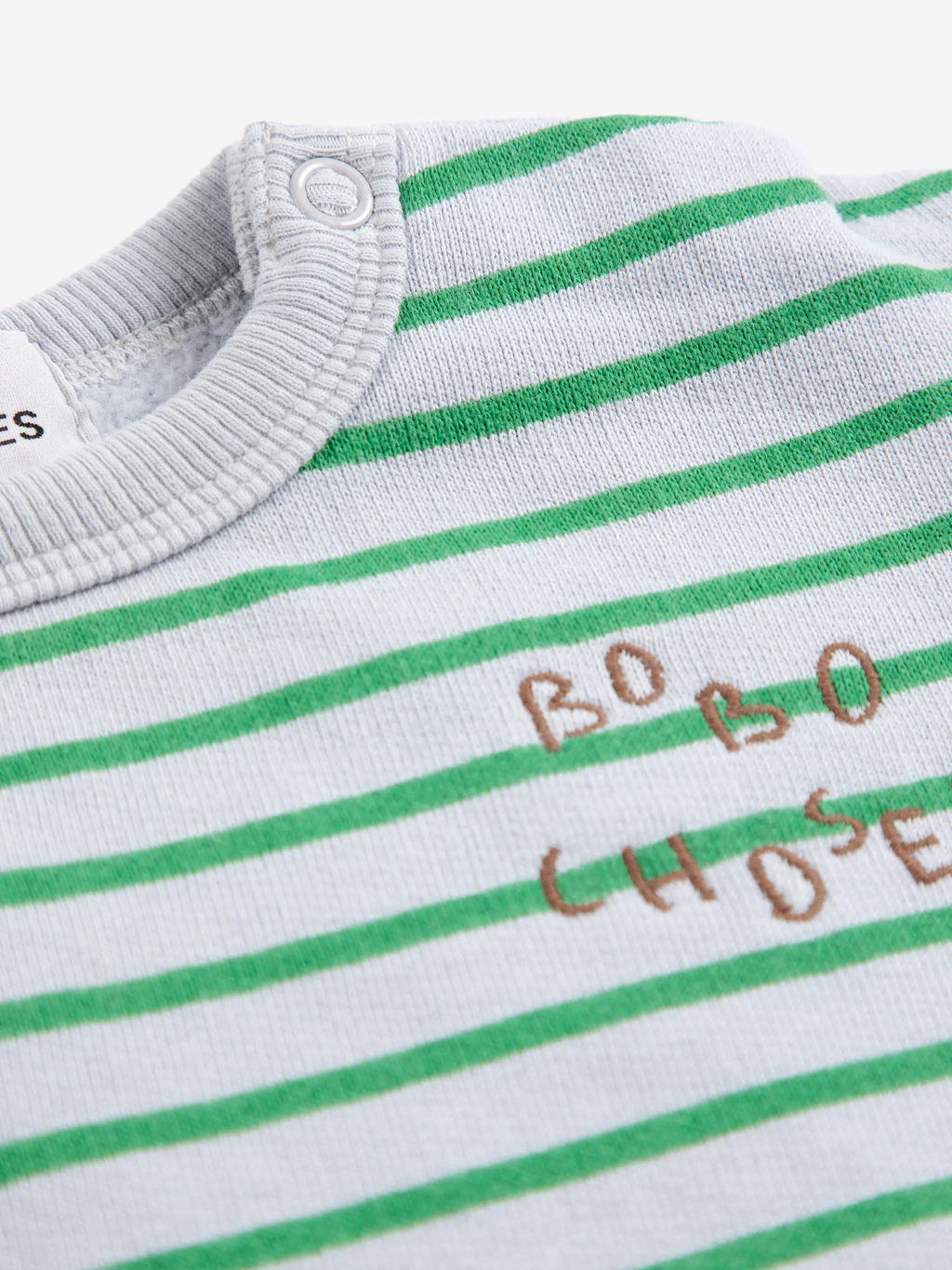 BOBO CHOSES striped sweatshirt in grey with green stripes; knit fabric, shoulder snap detail