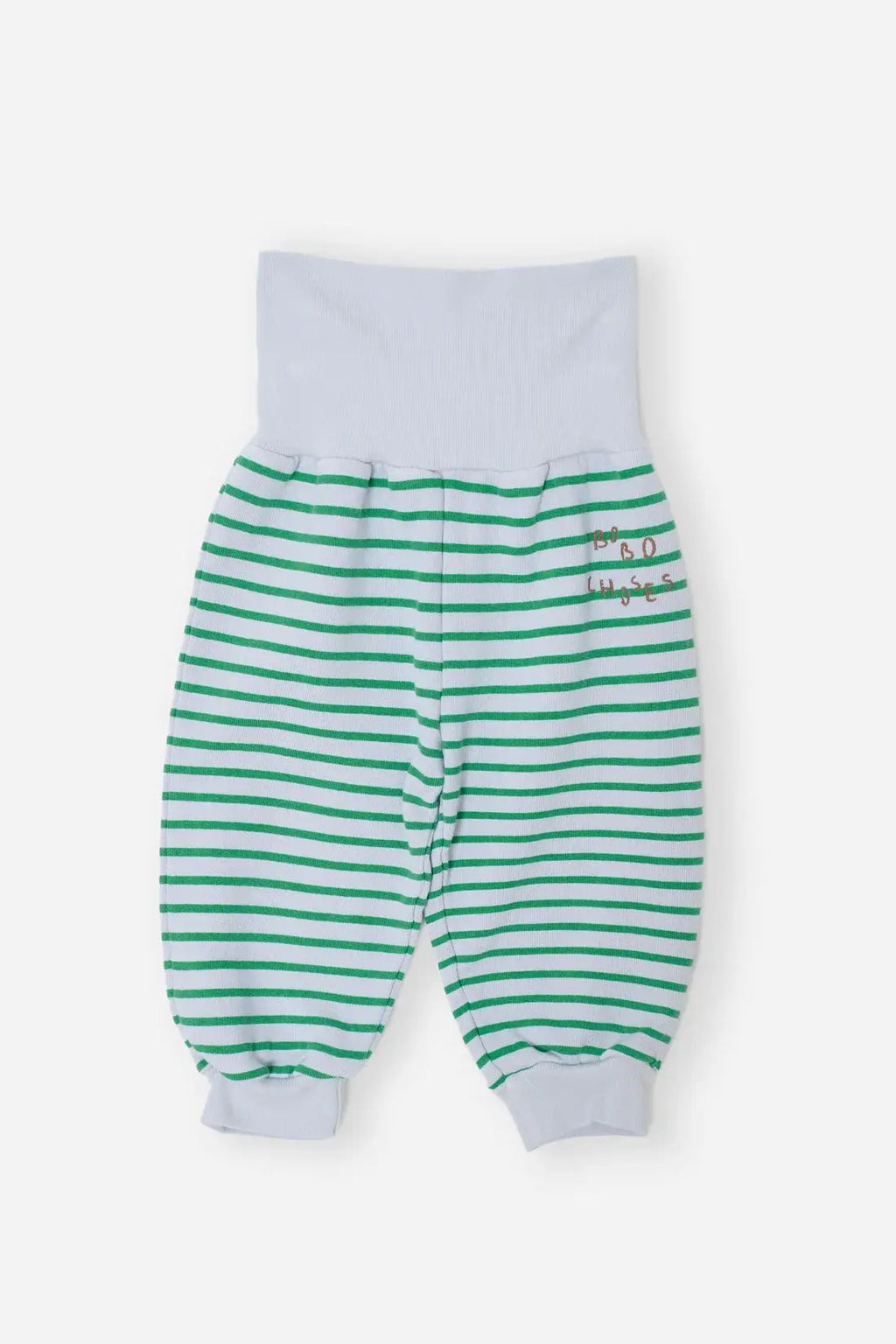 BOBO CHOSES pantalon de jogging à rayures vert et blanc, taille et poignets bleu clair, logo sur la cuisse