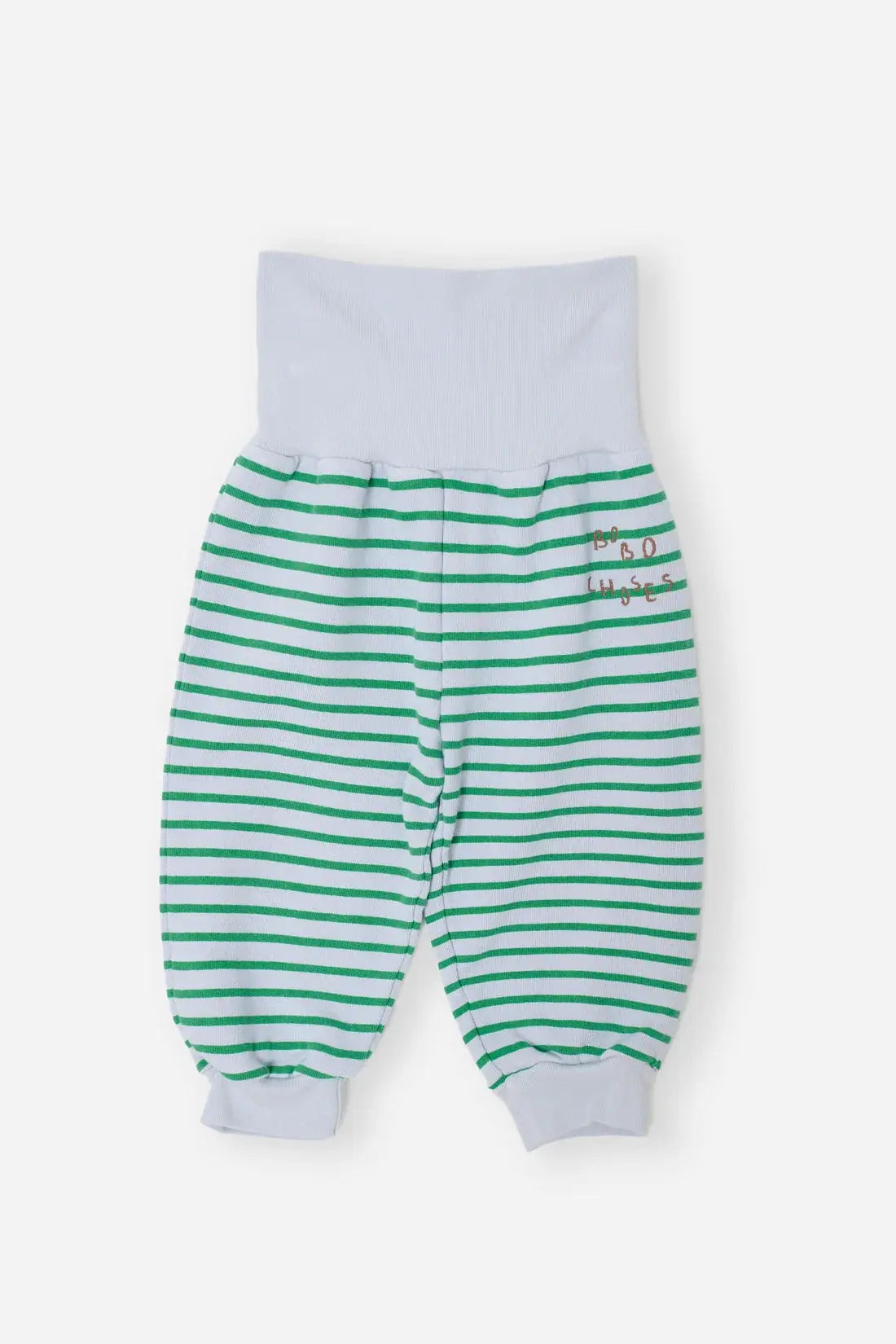 BOBO CHOSES pantalon de jogging à rayures vert et blanc, taille et poignets bleu clair, logo sur la cuisse