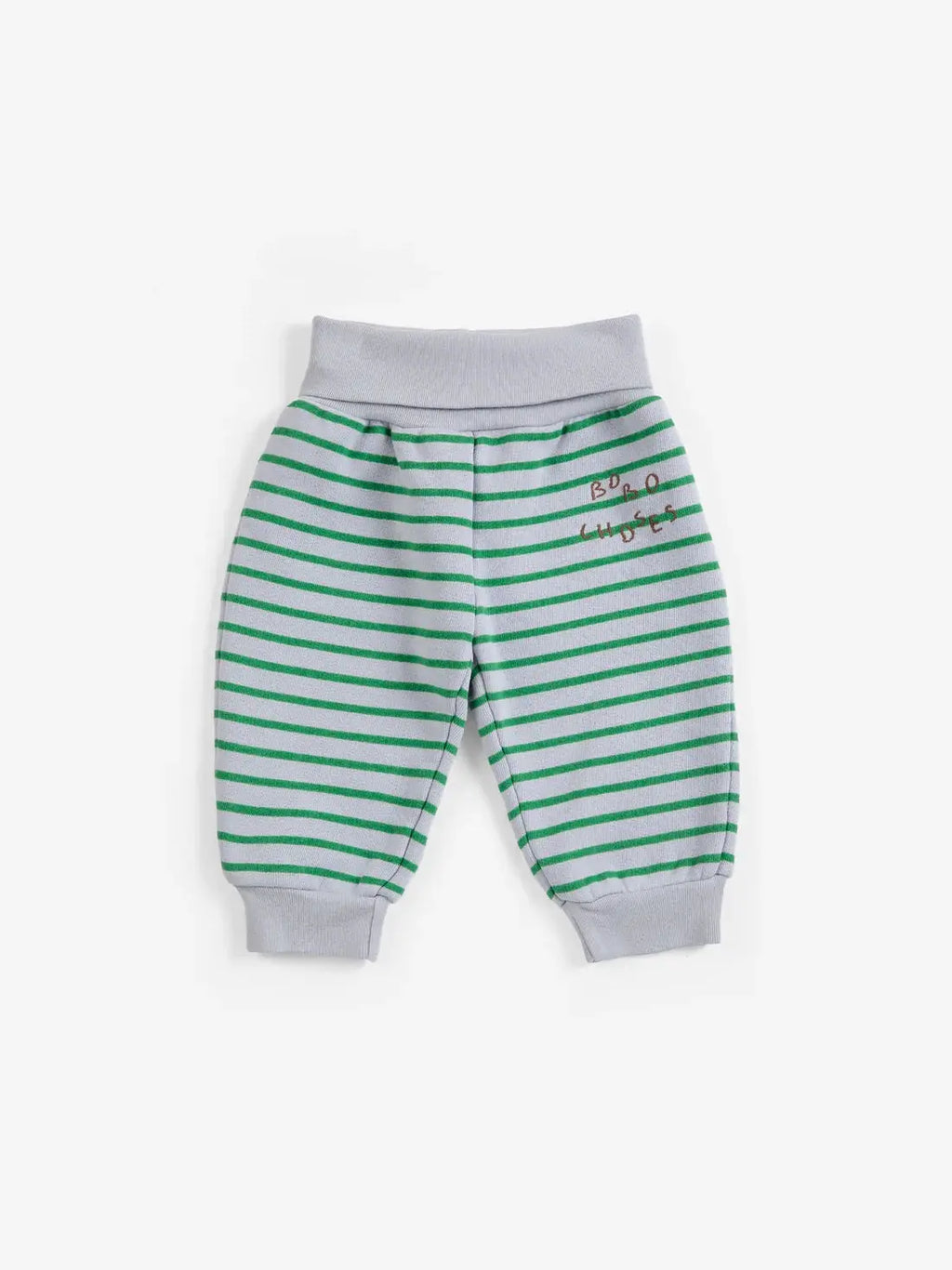 BOBO CHOSES striped jogging pants, grey with green horizontal stripes, ribbed waistband and cuffs