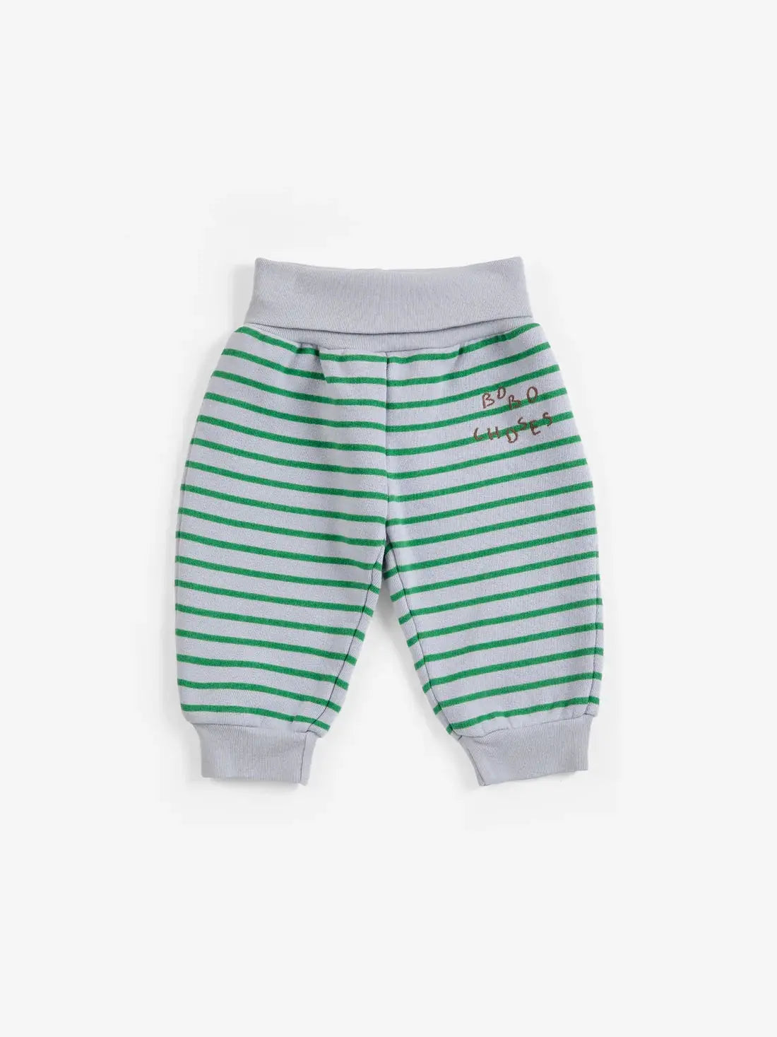 BOBO CHOSES striped jogging pants, grey with green horizontal stripes, ribbed waistband and cuffs