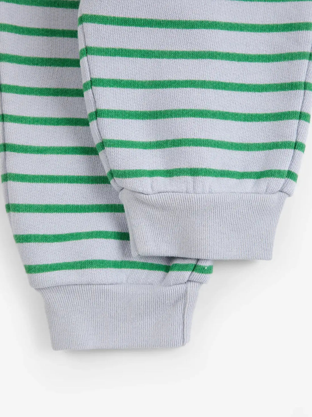 BOBO CHOSES stripes jogging pantalon, gris clair à rayures vertes et poignets côtelés.
