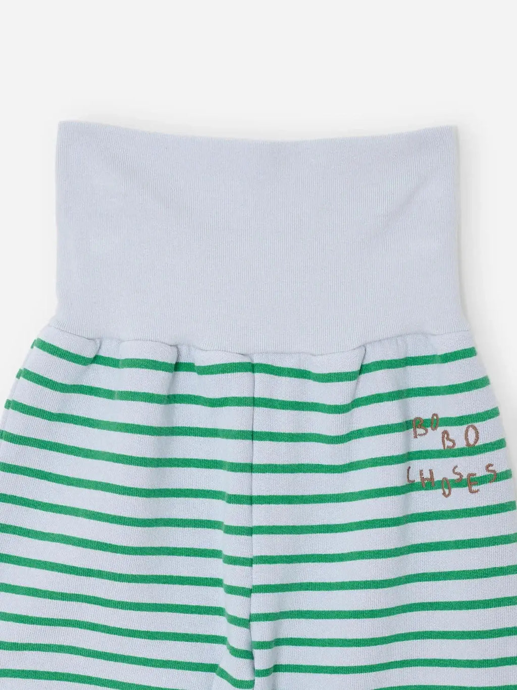 BOBO CHOSES pantalon de jogging à rayures vertes sur fond blanc, ceinture élastique côtelée