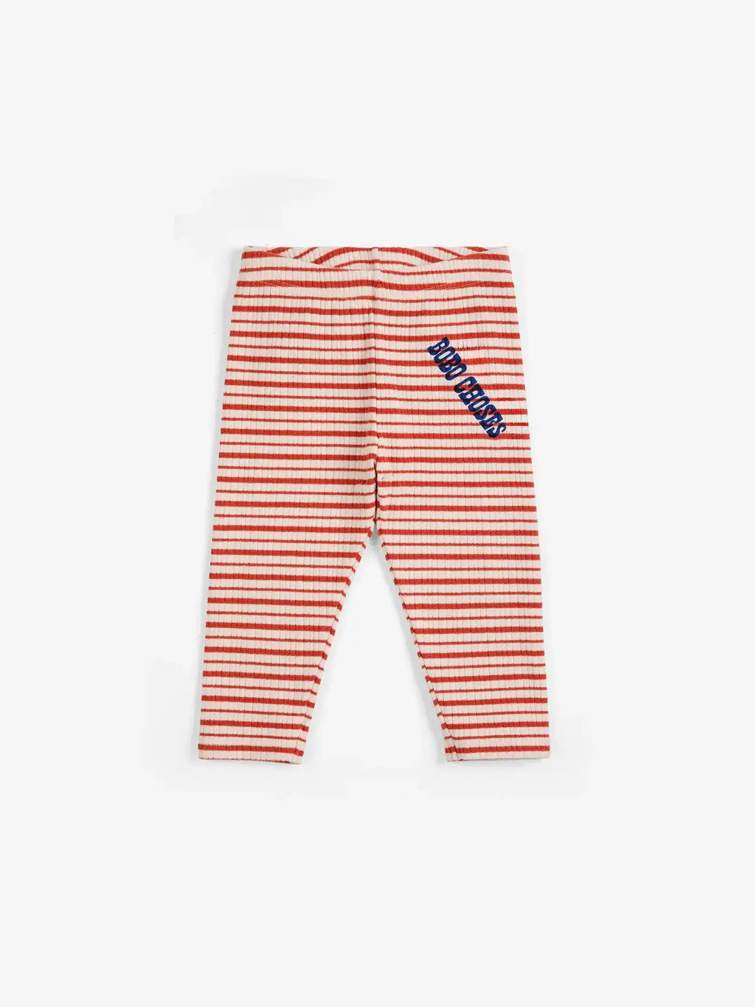 BOBO CHOSES pop stripes leggings, red and white striped knit with blue logo, Citron Grenadine