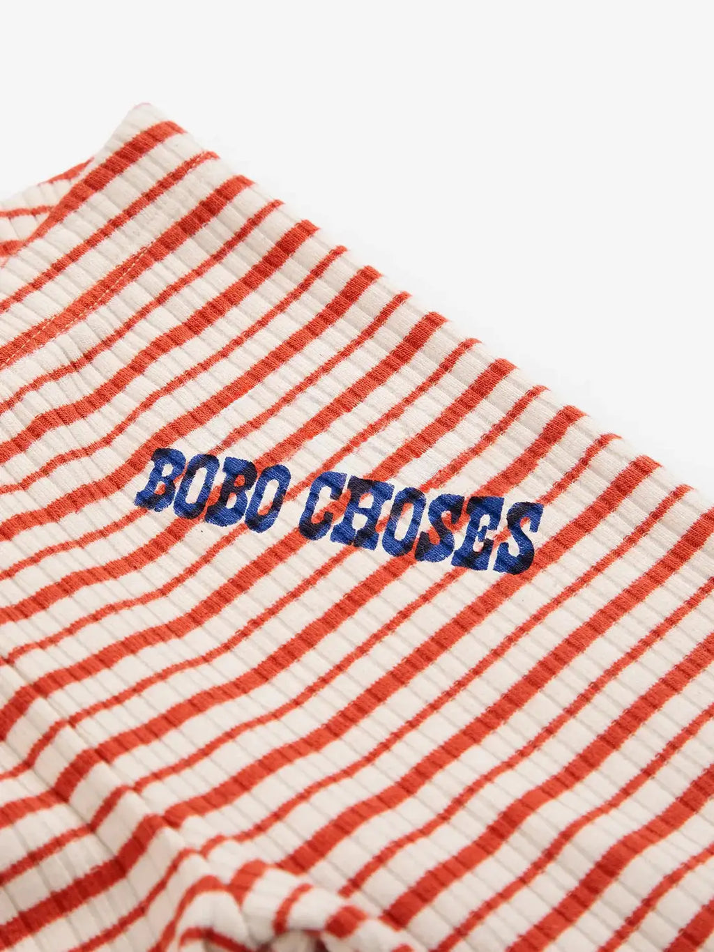 Bobo Choses leggings, red and white striped rib-knit with blue logo.