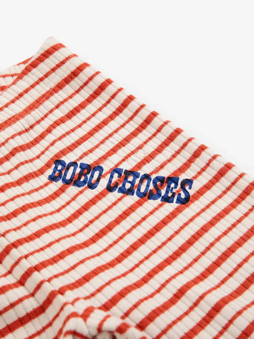 Bobo Choses leggings, red and white striped rib-knit with blue logo.