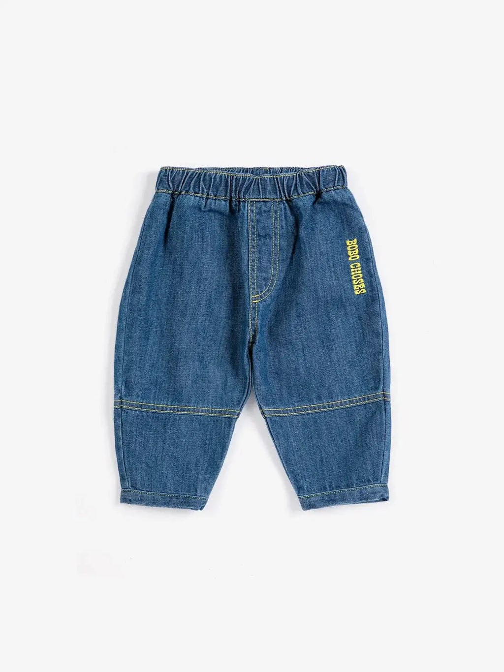 BOBO CHOSES taxi saurus denim pants, blue denim with elastic waist and yellow stitching