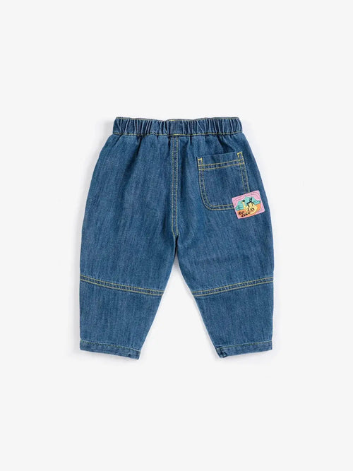 BOBO CHOSES taxi saurus denim pants, blue denim with elastic waistband and back patch