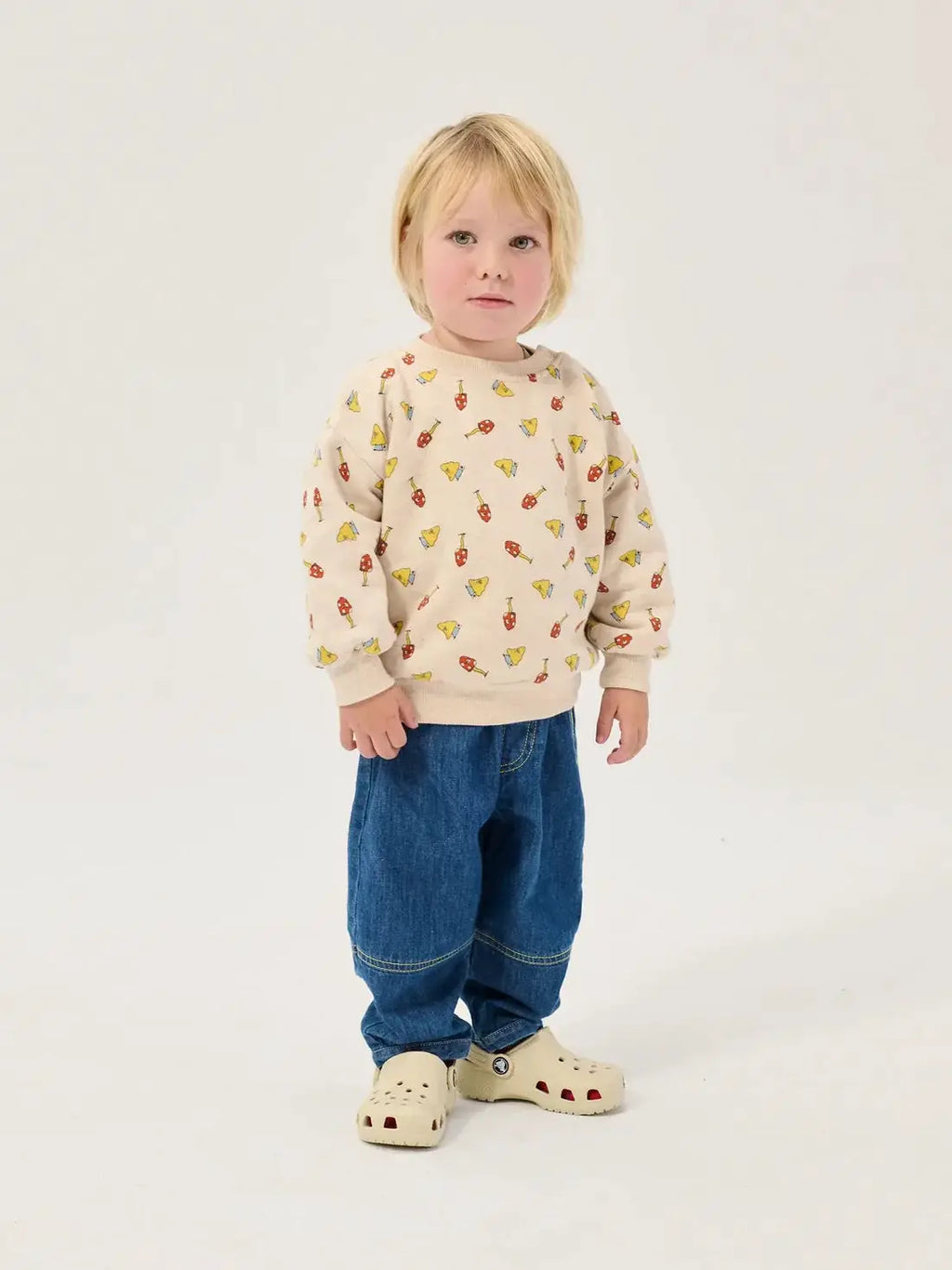 BOBO CHOSES taxi saurus denim pants for kids, blue loose-fit jeans by Citron Grenadine