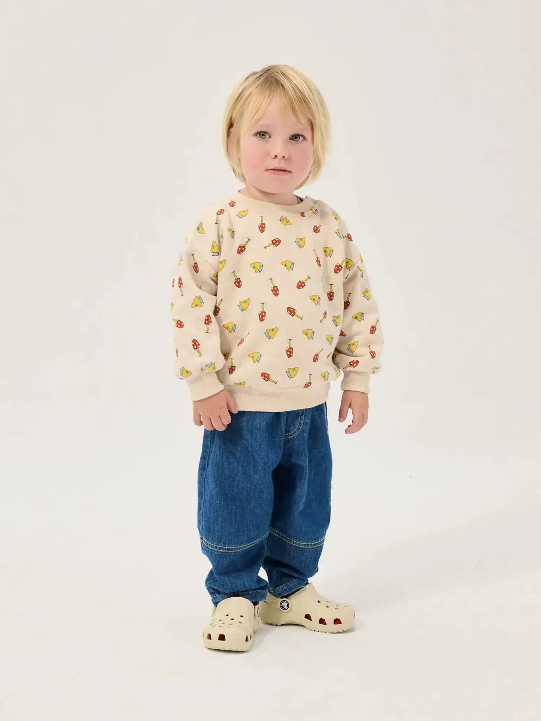 BOBO CHOSES taxi saurus denim pants for kids, blue loose-fit jeans by Citron Grenadine