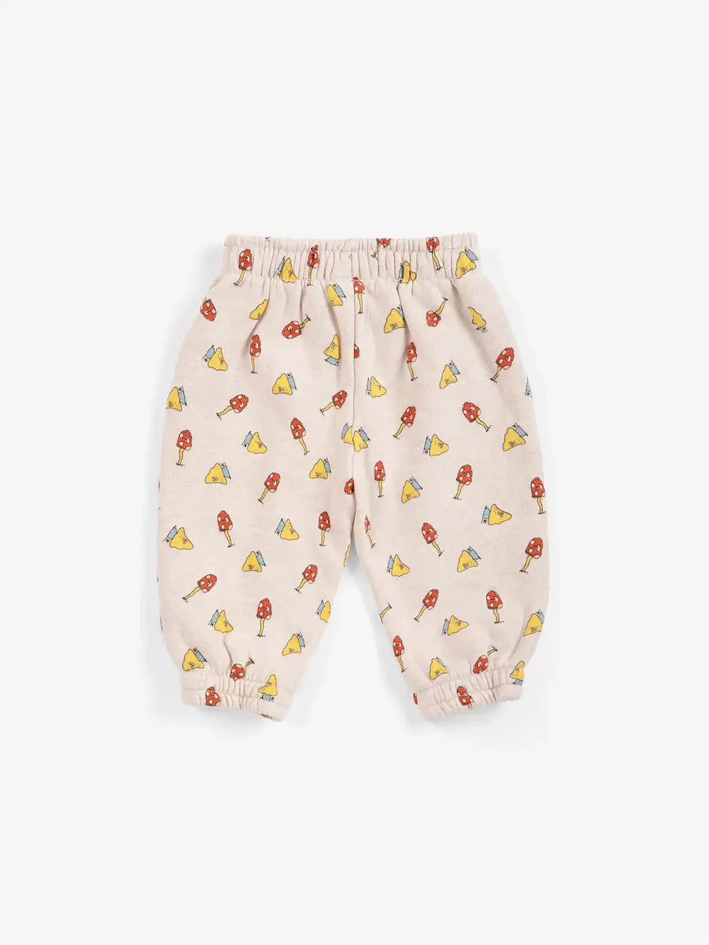 BOBO CHOSES Mush Monster Duo pantalon beige with all-over red mushrooms and yellow shapes, elastic waist
