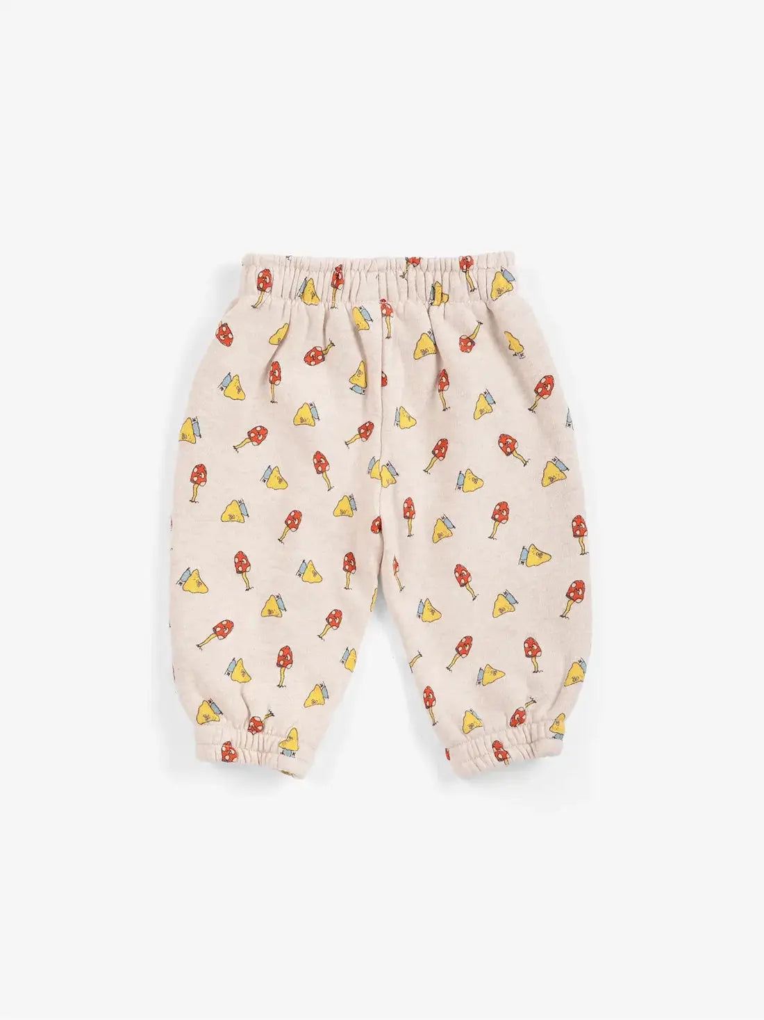 BOBO CHOSES Mush Monster Duo pantalon beige with all-over red mushrooms and yellow shapes, elastic waist