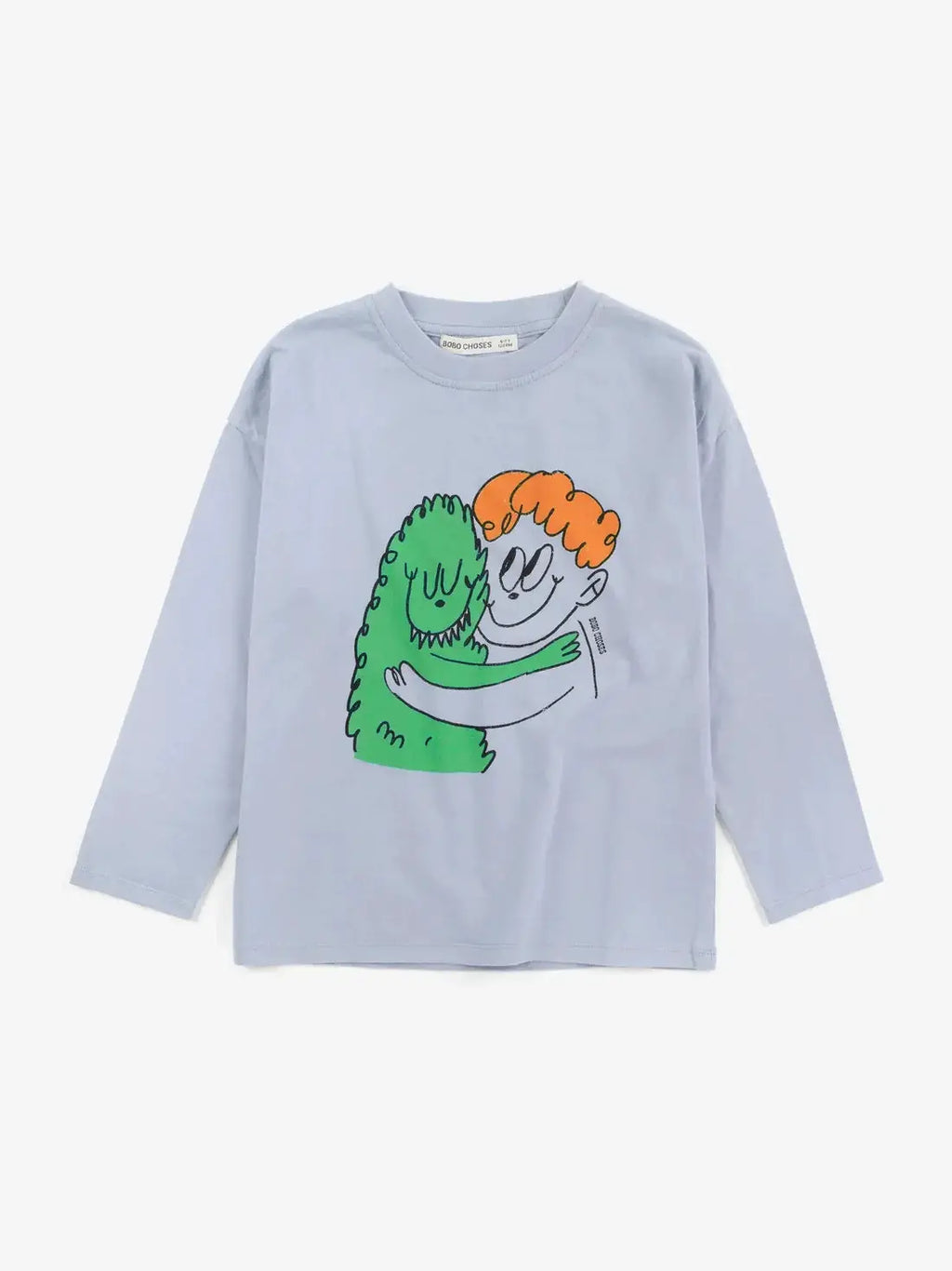 BOBO CHOSES hug hairy monster long-sleeve t-shirt in light blue with green monster hugging orange-haired figure graphic