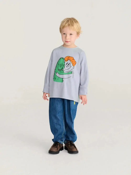 BOBO CHOSES hug hairy monster t-shirt, light gray long-sleeve with green monster hugging orange-haired figure