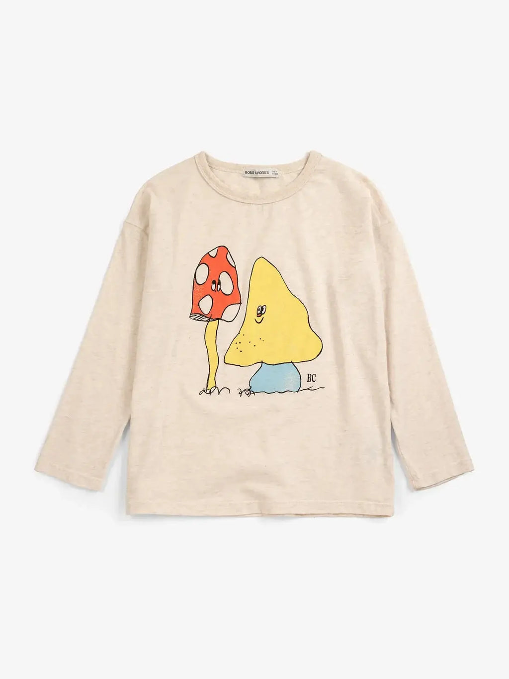 BOBO CHOSES Mush Monster Duo T-shirt, beige long-sleeve with two mushrooms (yellow and red) graphic