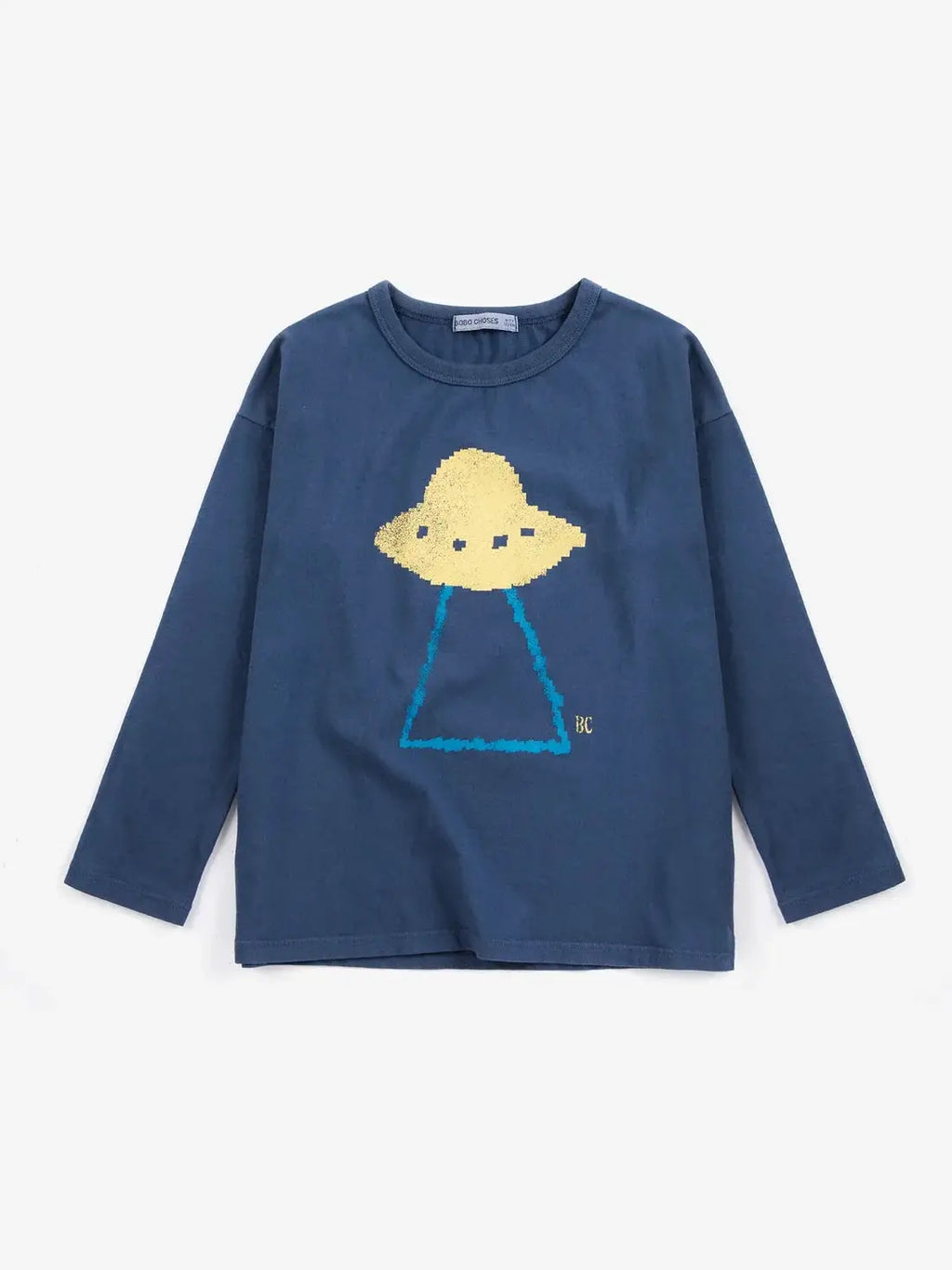 BOBO CHOSES Pixel Abduction T-shirt, navy blue long-sleeve with yellow pixel alien graphic