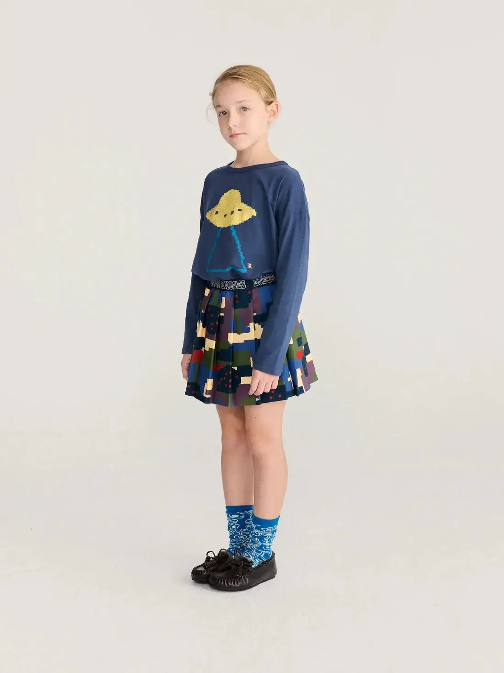 BOBO CHOSES Pixel Abduction T-shirt, navy long-sleeve with a yellow pixel alien graphic; waistband logo visible.