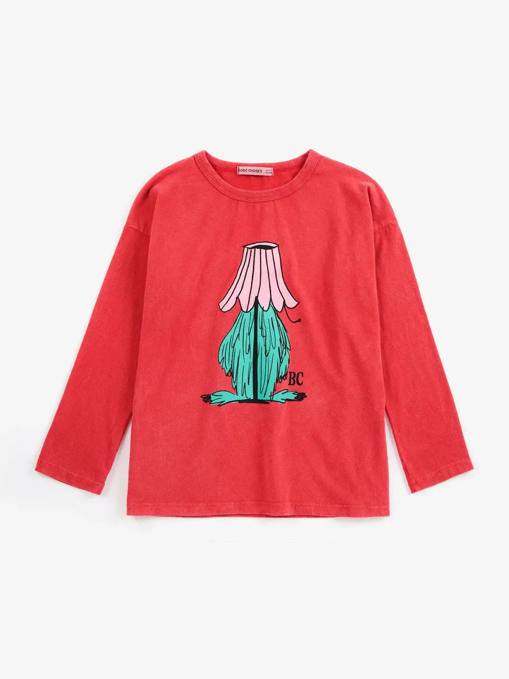 BOBO CHOSES hidden monster t-shirt, red long-sleeve with pink and teal monster graphic