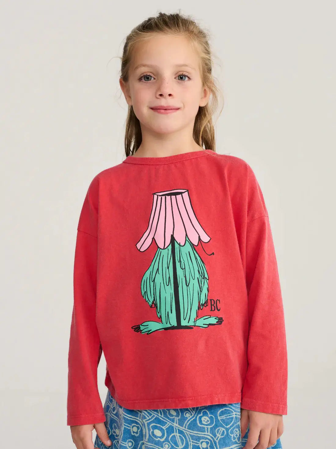 BOBO CHOSES hidden monster t-shirt, red kids' long-sleeve with pink top and teal monster graphic