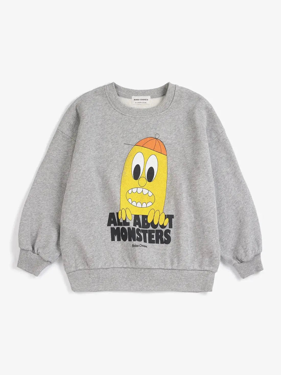 BOBO CHOSES bigtooth lemon sweatshirt, grey heather with a yellow cartoon lemon graphic and ALL ABOUT MONSTERS text.
