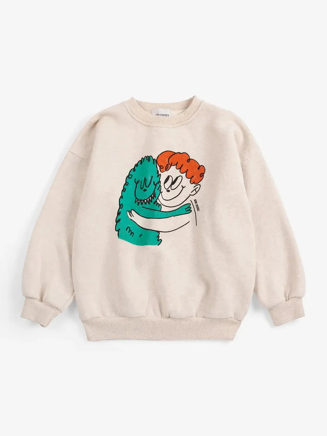 BOBO CHOSES hug hairy monster sweatshirt in beige with a teal monster hugging an orange-haired character graphic